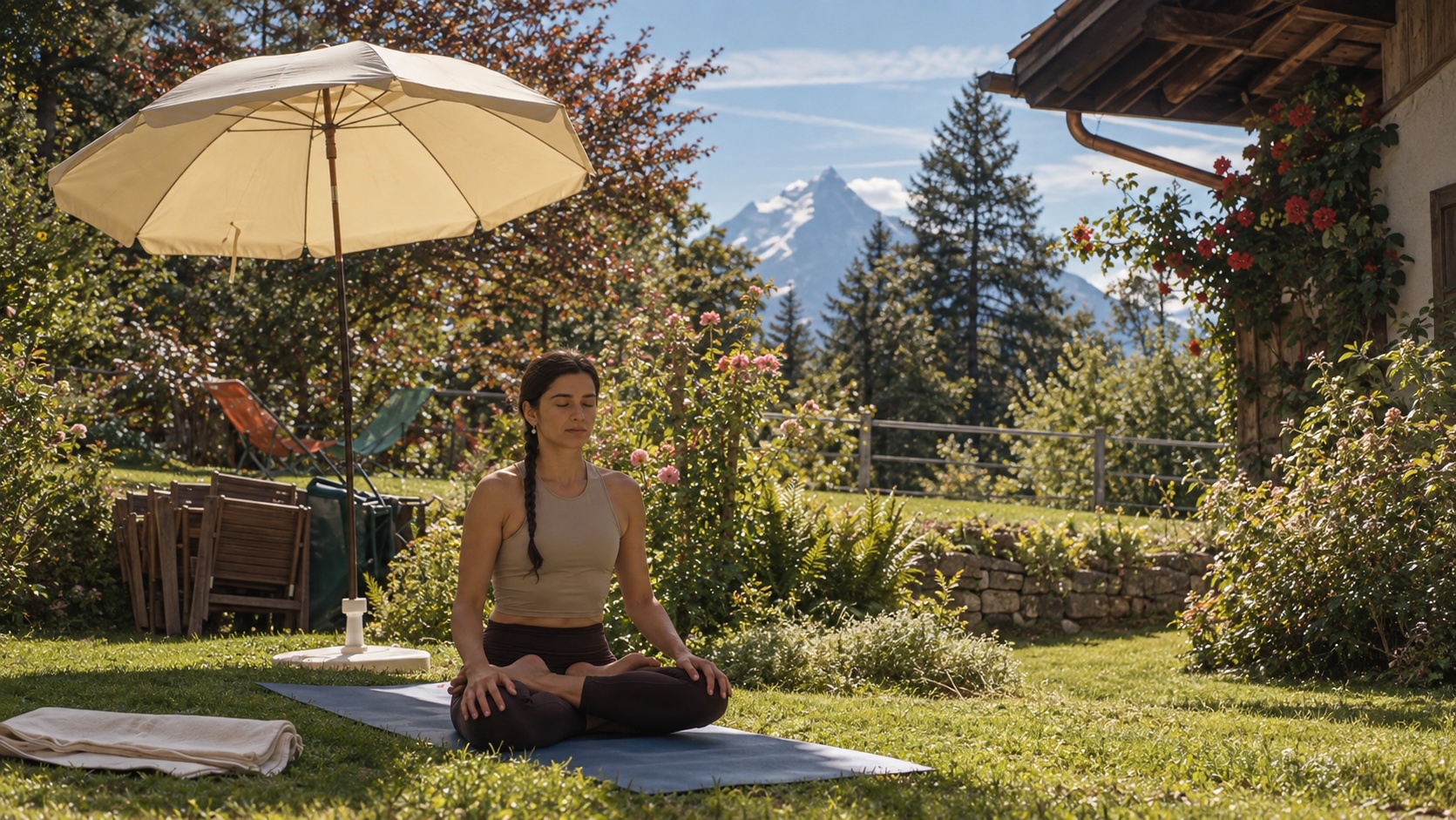 Woman seated cross-legged in meditation on a stone terrace framed by a balustrade