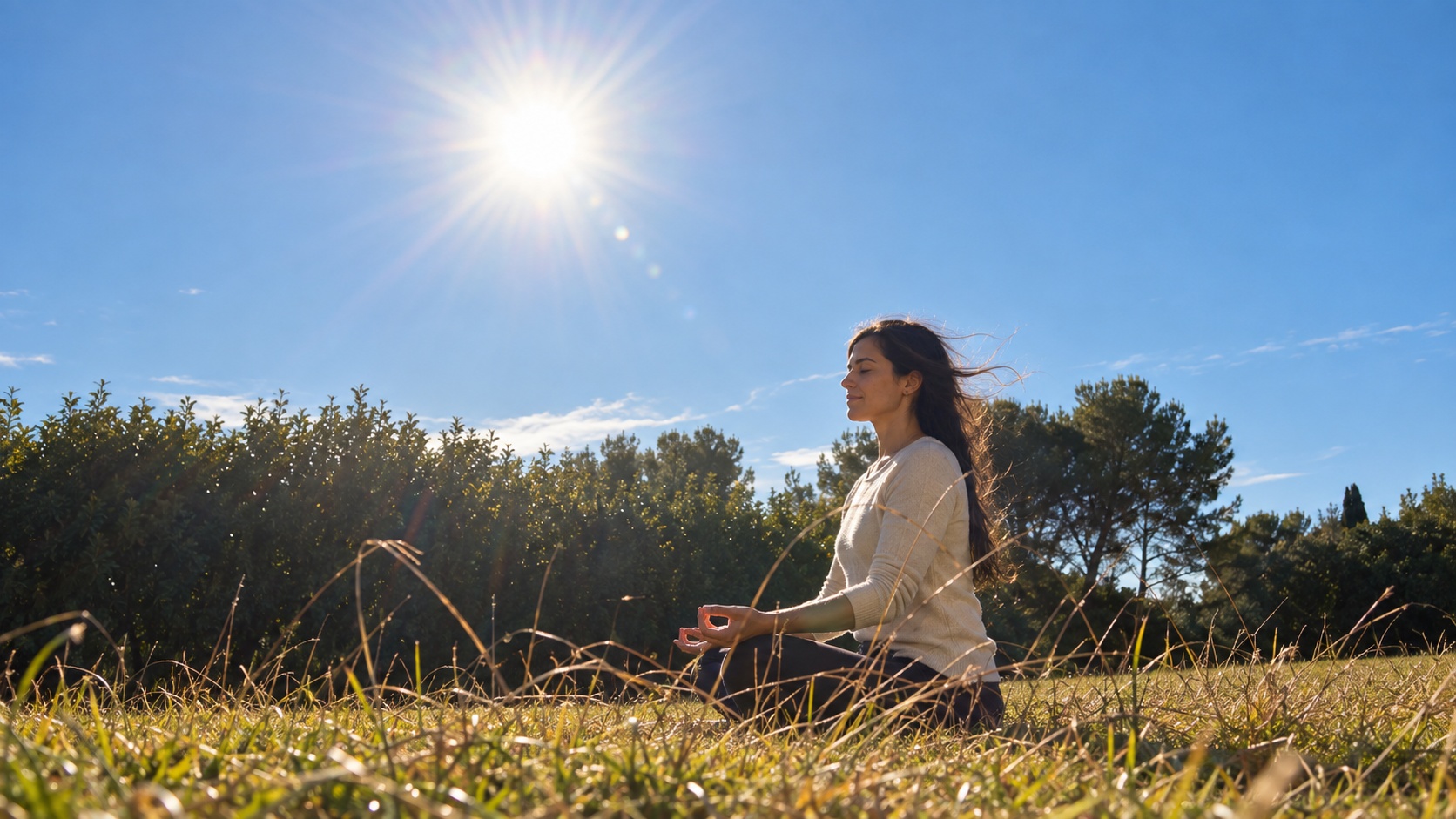 Woman meditating in a sunlit meadow with the sun radiating overhead